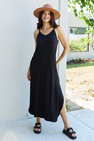 Shop Ninexis Good Energy Full Size Cami Side Slit Maxi Dress in Black - High-Quality U.S. Made Women’s Fashion with Free & Fast Shipping