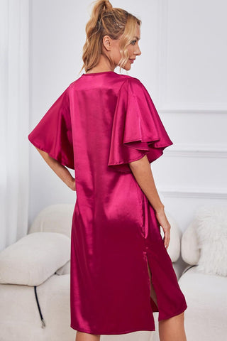 Shop Satin Flutter Sleeve Side Slit V-Neck Night Dress - High-Quality U.S. Made Women’s Fashion with Free & Fast Shipping