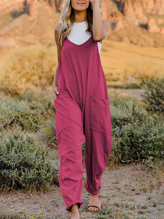 Shop Hot Pink Double Take Full Size Sleeveless V-Neck Pocketed Jumpsuit - High-Quality U.S. Made Women’s Fashion with Free & Fast Shipping