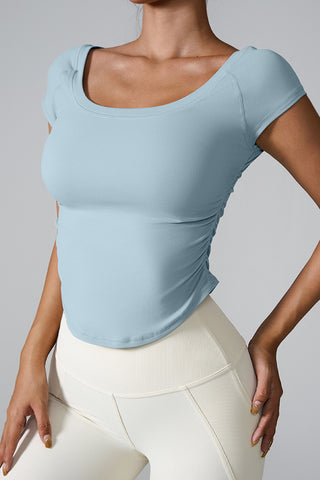 Shop Light Blue Round Neck Short Sleeve Active T-Shirt - High-Quality U.S. Made Women’s Fashion with Free & Fast Shipping