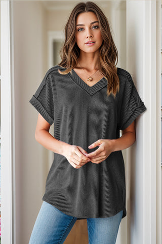 Shop Textured V-Neck Short Sleeve Top - High-Quality U.S. Made Women’s Fashion with Free & Fast Shipping