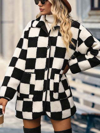 Shop Double Take Full Size Checkered Button Front Coat with Pockets - High-Quality U.S. Made Women’s Fashion with Free & Fast Shipping