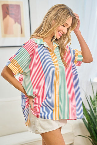 Shop First Love Full Size Striped Button Down Short Sleeve Shirt - High-Quality U.S. Made Women’s Fashion with Free & Fast Shipping