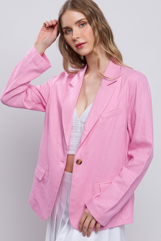 Shop Pink Love Tree One-Button Long Sleeve Linen Blazer - High-Quality U.S. Made Women’s Fashion with Free & Fast Shipping