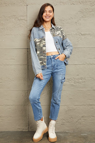 Shop GeeGee Full Size Washed Denim Camo Contrast Jacket - High-Quality U.S. Made Women’s Fashion with Free & Fast Shipping