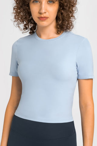 Shop Blue Millennia Round Neck Short Sleeve Yoga Tee - High-Quality U.S. Made Women’s Fashion with Free & Fast Shipping