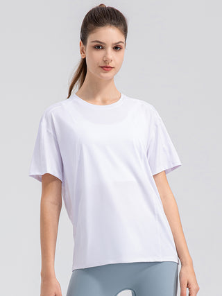 Shop White Round Neck Short Sleeve Active Top - High-Quality U.S. Made Women’s Fashion with Free & Fast Shipping