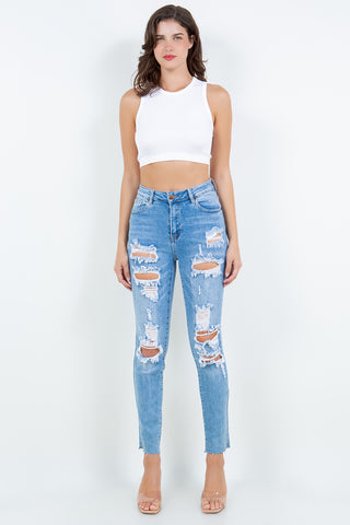 Shop Blue American Bazi High Waist Destroyed Jeans - High-Quality U.S. Made Women’s Fashion with Free & Fast Shipping