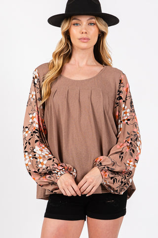 Shop SAGE + FIG Floral Long Sleeve Front Pleated Detail Blouse - High-Quality U.S. Made Women’s Fashion with Free & Fast Shipping