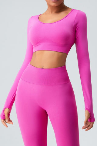 Shop Hot Pink Cutout Round Neck Long Sleeve Active T-Shirt - High-Quality U.S. Made Women’s Fashion with Free & Fast Shipping