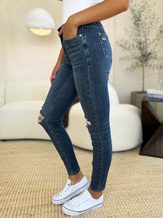 Shop Judy Blue Full Size Mid Waist Distressed Slim Jeans - High-Quality U.S. Made Women’s Fashion with Free & Fast Shipping