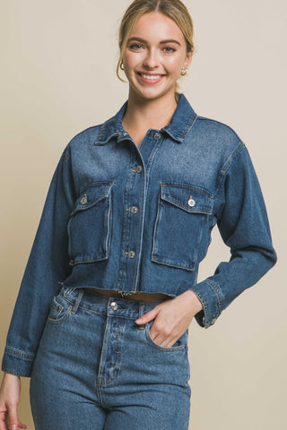 Shop Love Tree Raw Hem Button Up Cropped Denim Jacket - High-Quality U.S. Made Women’s Fashion with Free & Fast Shipping