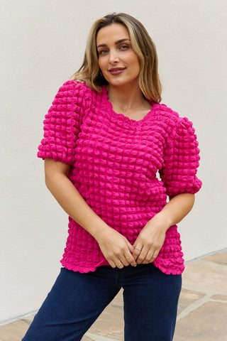 Shop Hot Pink And The Why Full Size Bubble Textured Puff Sleeve Top - High-Quality U.S. Made Women’s Fashion with Free & Fast Shipping