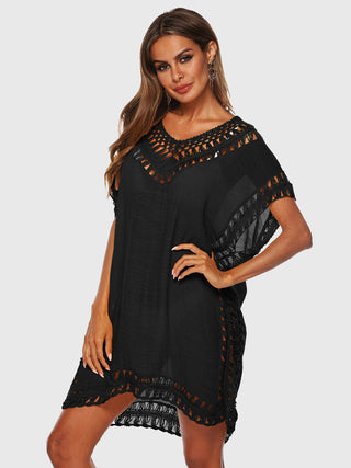 Shop Cutout V-Neck Short Sleeve Cover-Up - High-Quality U.S. Made Women’s Fashion with Free Fast Shipping