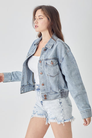 Shop RISEN Full Size Button Down Cropped Denim Jacket - High-Quality U.S. Made Women’s Fashion with Free & Fast Shipping