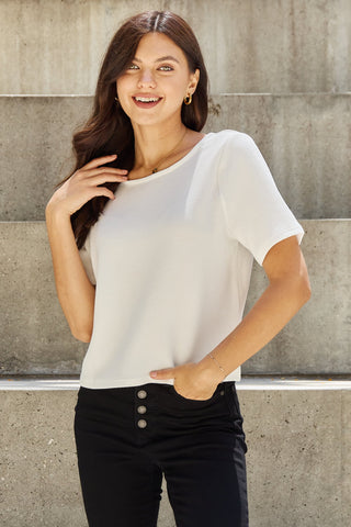 Shop And The Why Pearly White Full Size Criss Cross Pearl Detail Open Back T-Shirt - High-Quality U.S. Made Women’s Fashion with Free & Fast Shipping