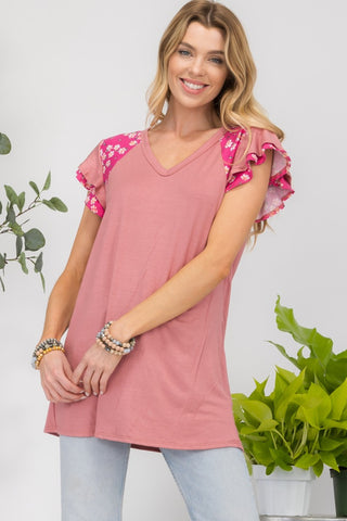 Shop Celeste Full Size Floral Contrast Short Sleeve Top - High-Quality U.S. Made Women’s Fashion with Free & Fast Shipping