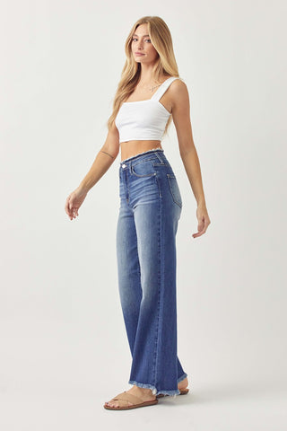 Shop RISEN High Waist Raw Hem Wide Leg Jeans - High-Quality U.S. Made Women’s Fashion with Free & Fast Shipping