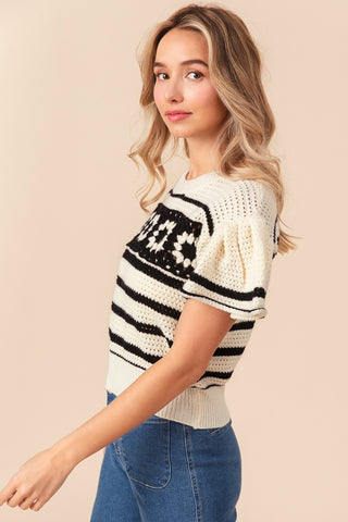 Shop BiBi Granny Square Short Sleeve Striped Sweater - High-Quality U.S. Made Women’s Fashion with Free & Fast Shipping