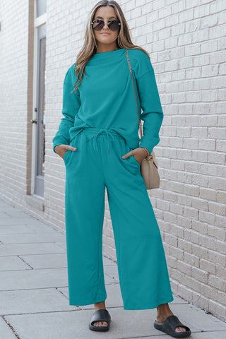 Shop Double Take Full Size Textured Long Sleeve Top and Drawstring Pants Set - High-Quality U.S. Made Women’s Fashion with Free Fast Shipping