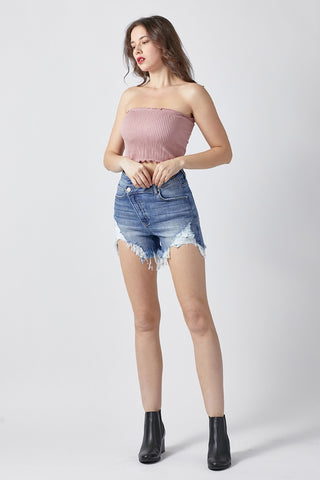 Shop RISEN Raw Hem Asymmetrical Waist Denim Shorts - High-Quality U.S. Made Women’s Fashion with Free & Fast Shipping