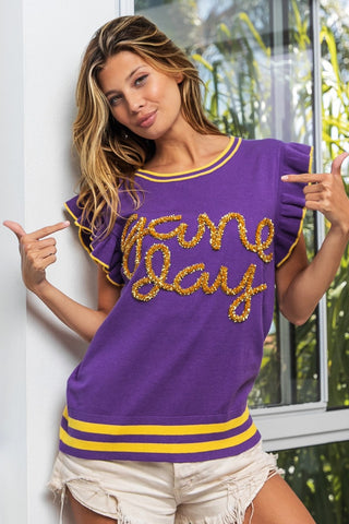 Shop Purple Gold BiBi Game Day Letter Contrast Trim Ruffled Sleeveless Sweater - High-Quality U.S. Made Women’s Fashion with Free & Fast Shipping