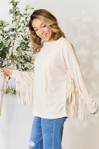 Shop Celeste Full Size Fringe Detail Long Sleeve Blouse - High-Quality U.S. Made Women’s Fashion with Free & Fast Shipping