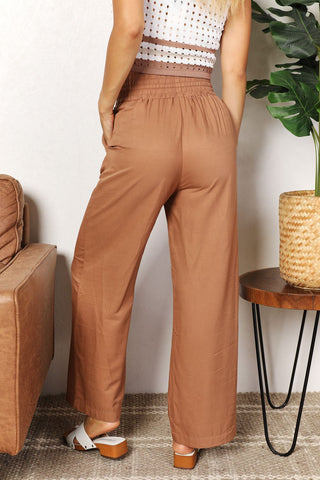 Shop Double Take Drawstring Smocked Waist Wide Leg Pants - High-Quality U.S. Made Women’s Fashion with Free & Fast Shipping