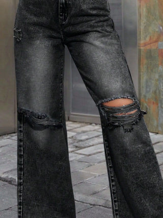 Shop Distressed Wide Leg Jeans with Pockets - High-Quality U.S. Made Women’s Fashion with Free & Fast Shipping