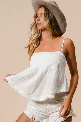 Shop Off White BiBi Fringed Hem Smocked Cami - High-Quality U.S. Made Women’s Fashion with Free & Fast Shipping