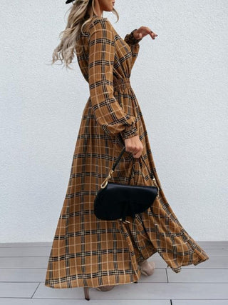 Shop Slit Plaid Tie Neck Long Sleeve Maxi Dress - High-Quality U.S. Made Women’s Fashion with Free Fast Shipping