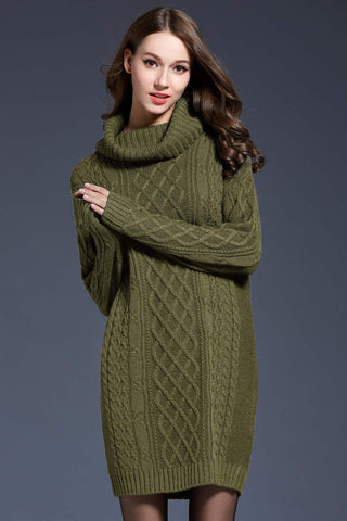 Shop Green Woven Right Full Size Mixed Knit Cowl Neck Dropped Shoulder Sweater Dress - High-Quality U.S. Made Women’s Fashion with Free & Fast Shipping