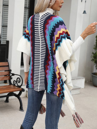 Shop Striped Open Front Poncho with Tassels - High-Quality U.S. Made Women’s Fashion with Free Fast Shipping