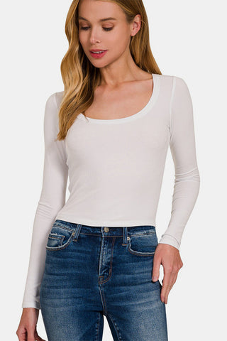 Shop White Zenana Scoop Neck Long Sleeve T-Shirt - High-Quality U.S. Made Women’s Fashion with Free & Fast Shipping