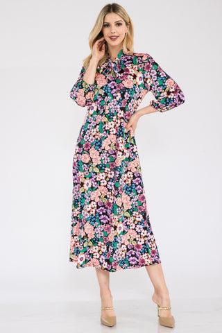 Shop Celeste Full Size Floral Midi Dress with Bow Tied - High-Quality U.S. Made Women’s Fashion with Free & Fast Shipping