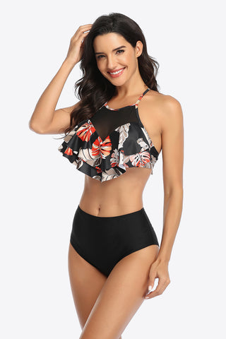 Shop Tropical Print Ruffled Two-Piece Swimsuit - High-Quality U.S. Made Women’s Fashion with Free Fast Shipping