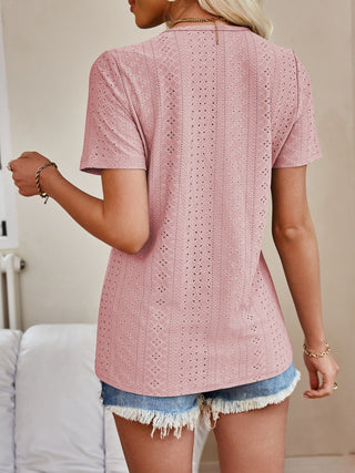 Shop Lovelet Eyelet V-Neck Short Sleeve Top - High-Quality U.S. Made Women’s Fashion with Free Fast Shipping