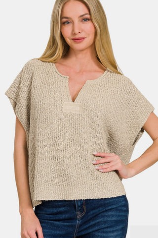 Shop H Mocha Zenana Short Sleeve Side Slit Sweater - High-Quality U.S. Made Women’s Fashion with Free & Fast Shipping