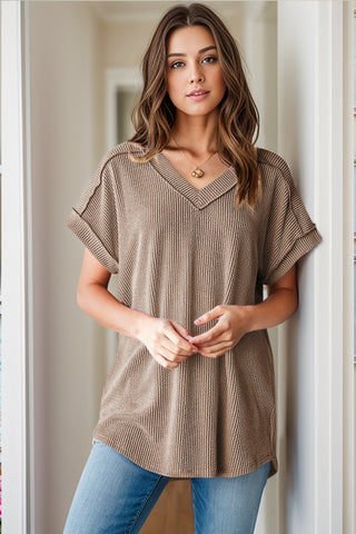 Shop Textured V-Neck Short Sleeve Top - High-Quality U.S. Made Women’s Fashion with Free & Fast Shipping