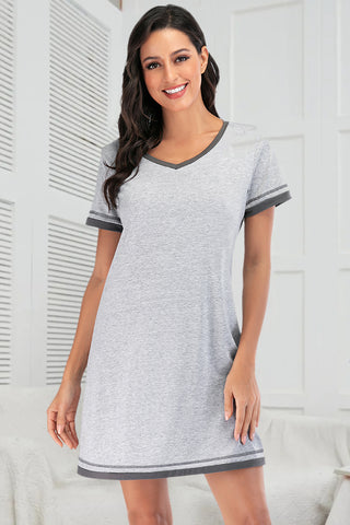 Shop Light Gray Contrast Trim Short Sleeve Lounge Dress - High-Quality U.S. Made Women’s Fashion with Free & Fast Shipping