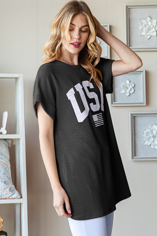 Shop Heimish Full Size USA Graphic Short Sleeve Ribbed Top - High-Quality U.S. Made Women’s Fashion with Free & Fast Shipping