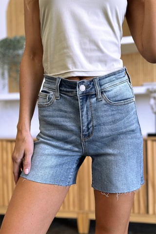 Shop Judy Blue Full Size High Waist Raw Hem Denim Shorts - High-Quality U.S. Made Women’s Fashion with Free & Fast Shipping