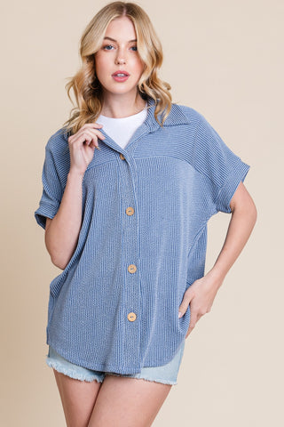 Shop Denim BOMBOM Button Up Short Sleeves Ribbed Shirt - High-Quality U.S. Made Women’s Fashion with Free & Fast Shipping