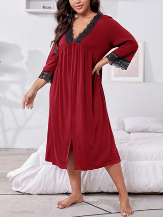 Shop Deep Red Plus Size Lace Detail V-Neck Lounge Dress - High-Quality U.S. Made Women’s Fashion with Free & Fast Shipping