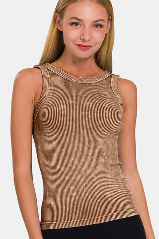 Shop Zenana 2 Way Neckline Washed Ribbed Cropped Tank - High-Quality U.S. Made Women’s Fashion with Free Fast Shipping