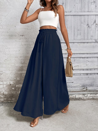 Shop Dark Blue Honey Tied High Waist Wide Leg Pants - High-Quality U.S. Made Women’s Fashion with Free & Fast Shipping