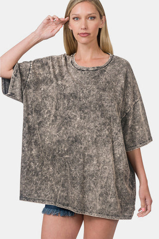 Shop Ash Black Zenana Washed Round Neck Drop Shoulder Oversized T-Shirt - High-Quality U.S. Made Women’s Fashion with Free & Fast Shipping