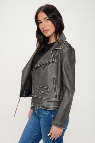 Shop Black Coalition LA Zip Up Biker Jacket with Belt - High-Quality U.S. Made Women’s Fashion with Free & Fast Shipping