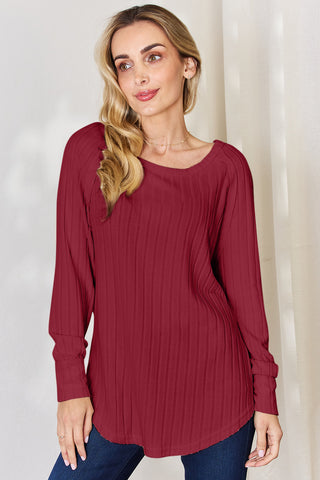 Shop Deep Red Basic Bae Full Size Ribbed Round Neck Slit T-Shirt - High-Quality U.S. Made Women’s Fashion with Free & Fast Shipping