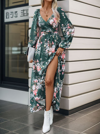 Shop Perfee Slit Printed Surplice Long Sleeve Maxi Dress - High-Quality U.S. Made Women’s Fashion with Free & Fast Shipping